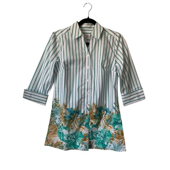 D&Co NWOT Coastal Tropical Stripe Seafoam Green Travel Button Down Shirt XXS - Picture 1 of 7